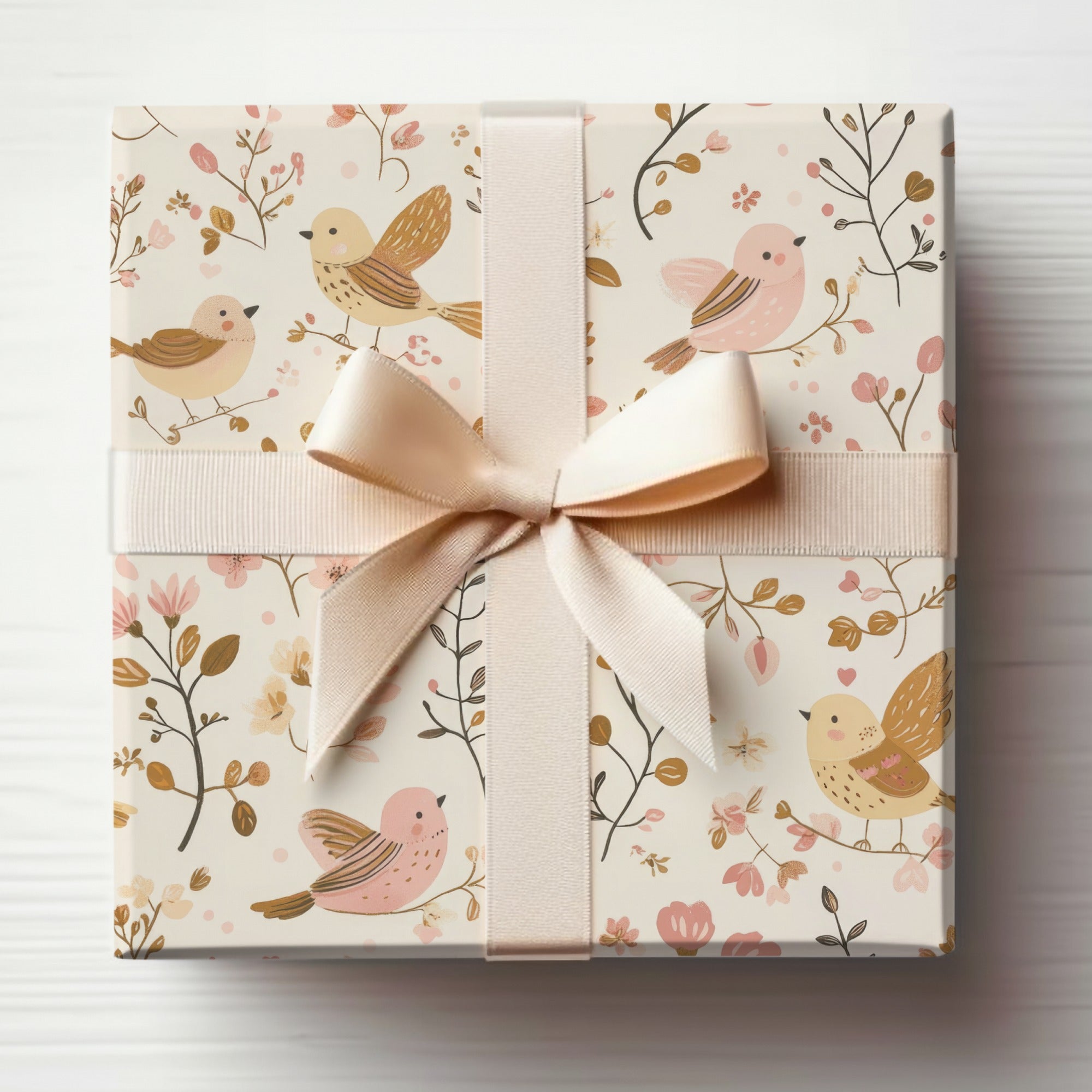 Pink Boho Seamless Girly Spring Birds on Branches Wildflowers Pattern