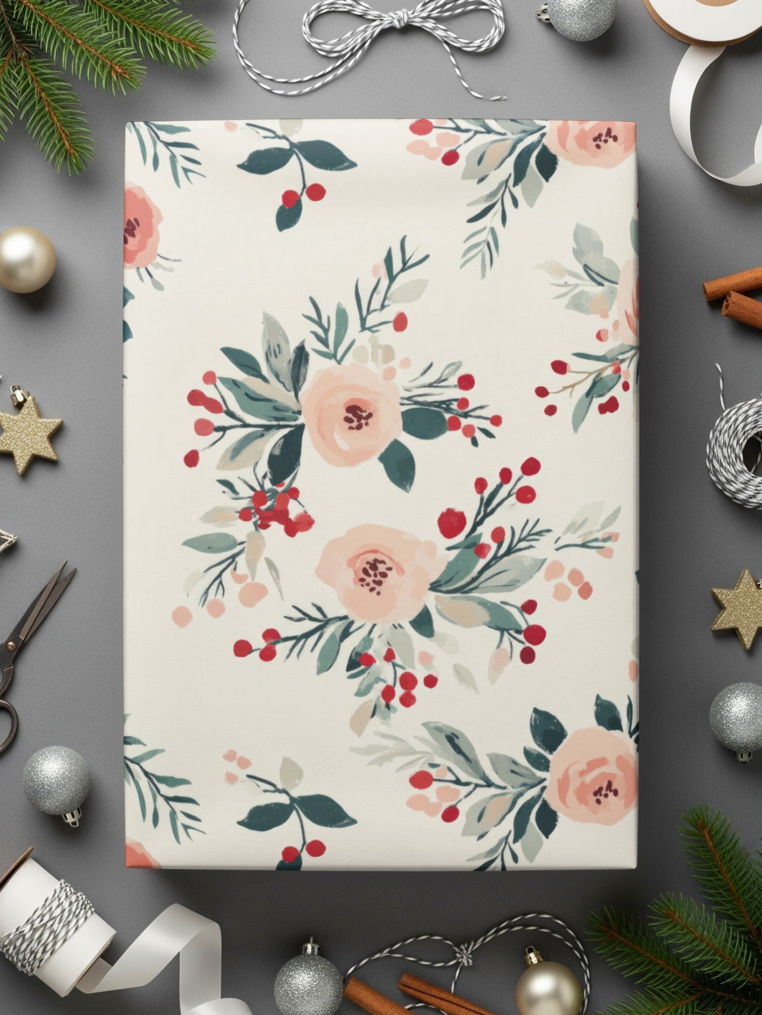 Pink Christmas Seamless Winter Florals Pattern for Commercial Use Digital