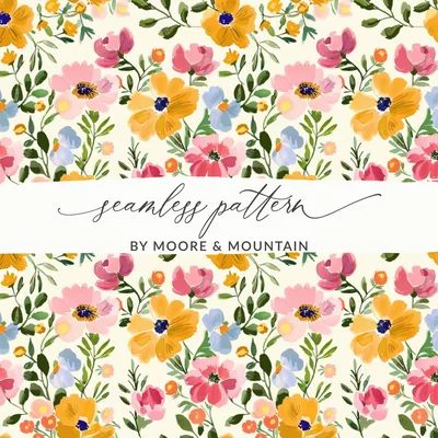 Pink Colorful Acrylic Floral Pattern Spring Modern Botanical Illustration Digital