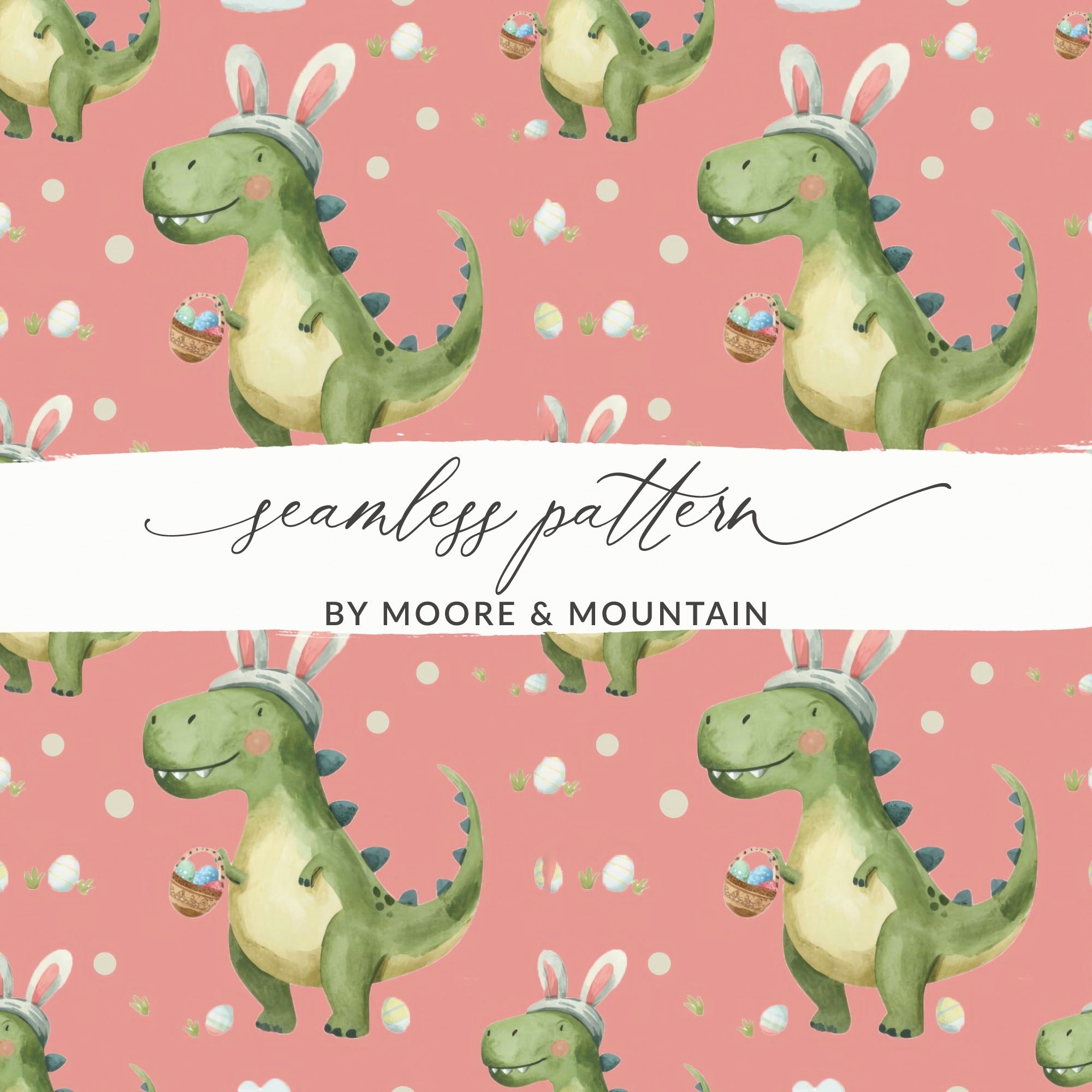 Pink Easter Dinosaur with Bunny Ears and Eggs Pattern Digital