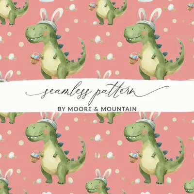 Pink Easter Dinosaur with Bunny Ears and Eggs Pattern Digital