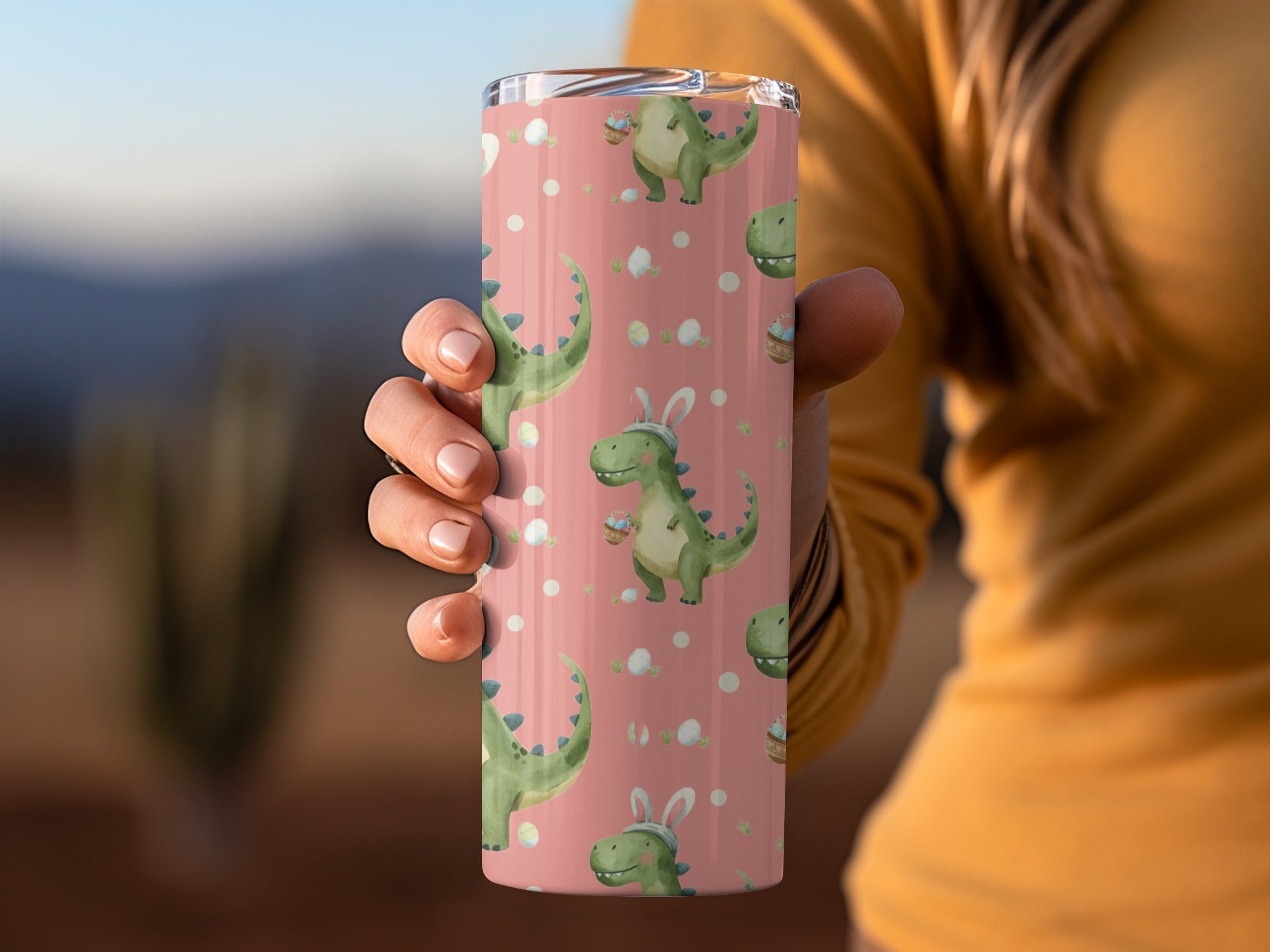 Pink Easter Dinosaur with Bunny Ears and Eggs Pattern Digital