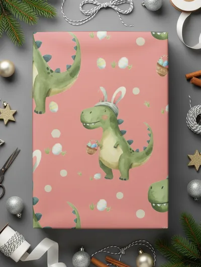 Pink Easter Dinosaur with Bunny Ears and Eggs Pattern Digital