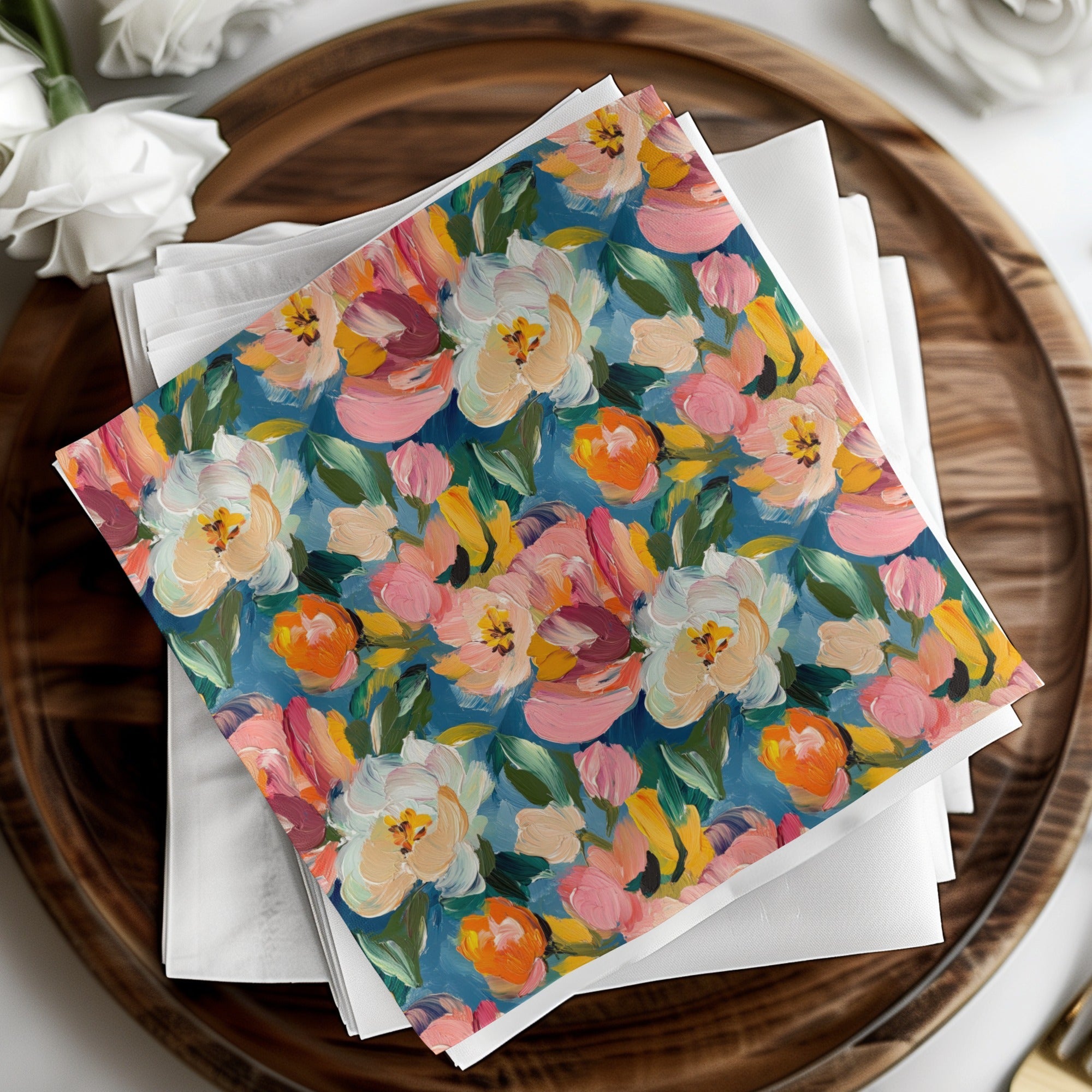 Pink Floral Digital Paper, White Flowers Pattern, Painterly Texture, Blue Background, Abstract Seamless Pattern, Printable Art, Spring