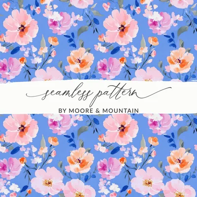 Pink Floral Digital Pattern, Blue and Pink Watercolor Flower Pattern, Modern Watercolor Texture Seamless Design, Commercial Use Wallpaper