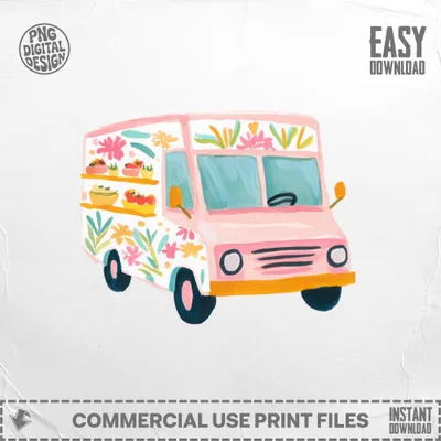 Pink Floral Food Truck SVG, Kawaii Truck PNG, Preppy Y2K Aesthetic Art, Printable Sticker File, Cricut Cut File, Sublimation Design Download