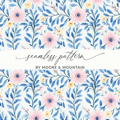 Pink Floral Pattern Digital Paper, Blue Leaves Watercolor, Seamless Flower Pattern, Pastel Spring Fabric Design, Scrapbooking Paper