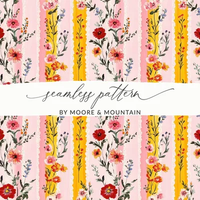 Pink Floral Stripes, Digital Seamless Pattern, Flower Illustration, Pastel Colors, JPEG Files, Digital Paper, Surface Design