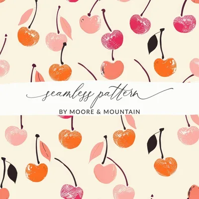 Pink, Orange, Red Cherry Digital Paper, Summer Seamless Pattern, Watercolor Fruits, Commercial Use, for Fabric, Scrapbooking, Background