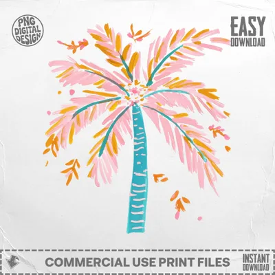 Pink Palm Tree Digital Art, Preppy Pastel SVG, Girly Summer PNG, Tropical Beach Clipart, Printable Sticker File, Cricut Download