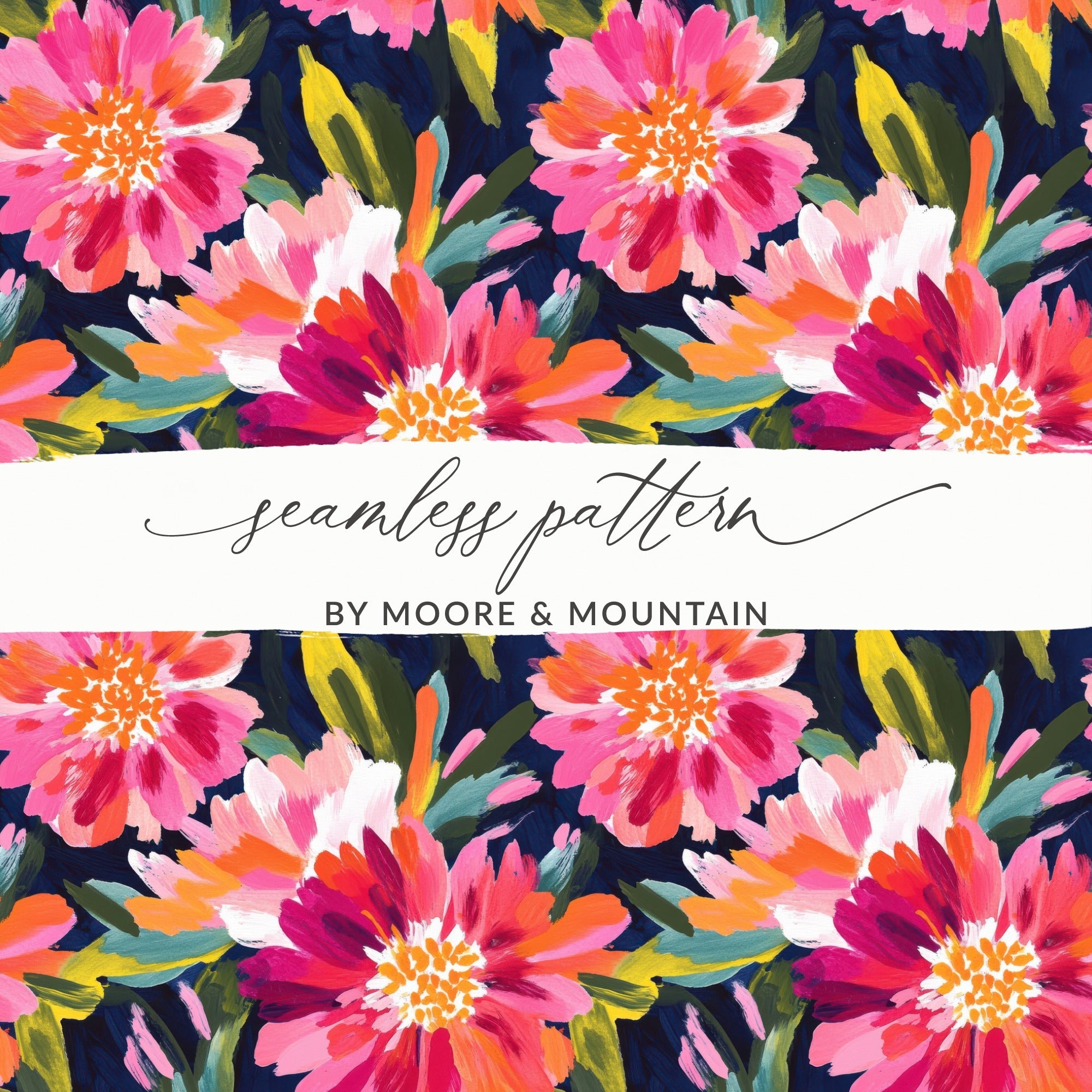 Pink Peony Seamless Pattern Watercolor Peonies Pattern Pink and Navy Blue
