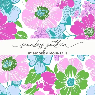 Pink Preppy Groovy Floral Background, Digital Seamless Retro Flowers Pattern, 60s Floral Pattern Design, Fabric Print, Wallpaper
