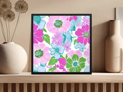 Pink Preppy Groovy Floral Background, Digital Seamless Retro Flowers Pattern, 60s Floral Pattern Design, Fabric Print, Wallpaper