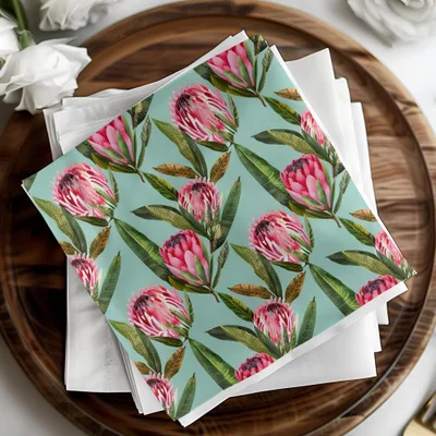 Pink Protea Flower Digital Paper, Seamless Floral Pattern, Tropical Leaves Background, Scrapbook Paper, Printable Fabric Design