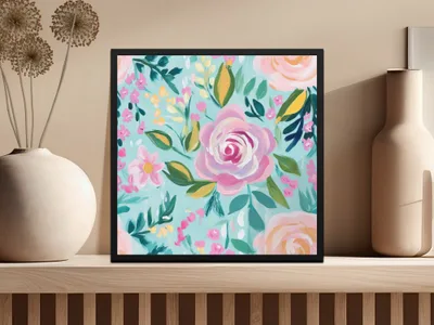 Pink Rose Acrylic Seamless Pattern, Aqua Floral Digital Paper, Modern Gouache Painted Flowers, Fine Art Floral Design