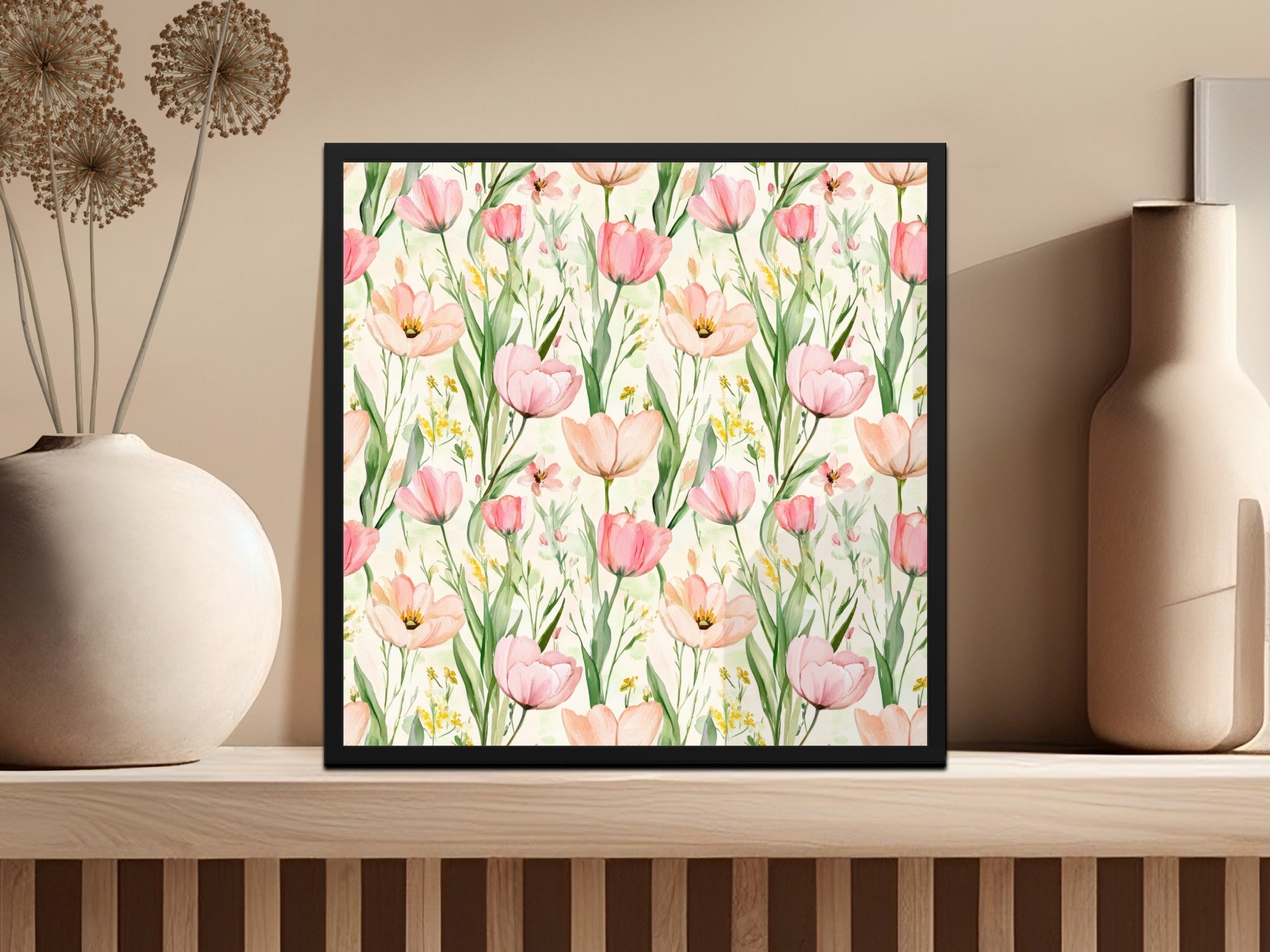 Pink Tulip Pattern Digital Paper, Watercolor Pink Floral Tulips Spring