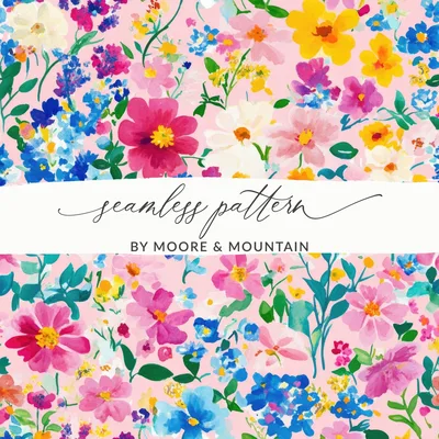 Pink Watercolor Floral Digital Paper, Summer Flower Pattern, Blue Pink Yellow Flowers, Abstract Botanical Seamless Texture, Printable Art