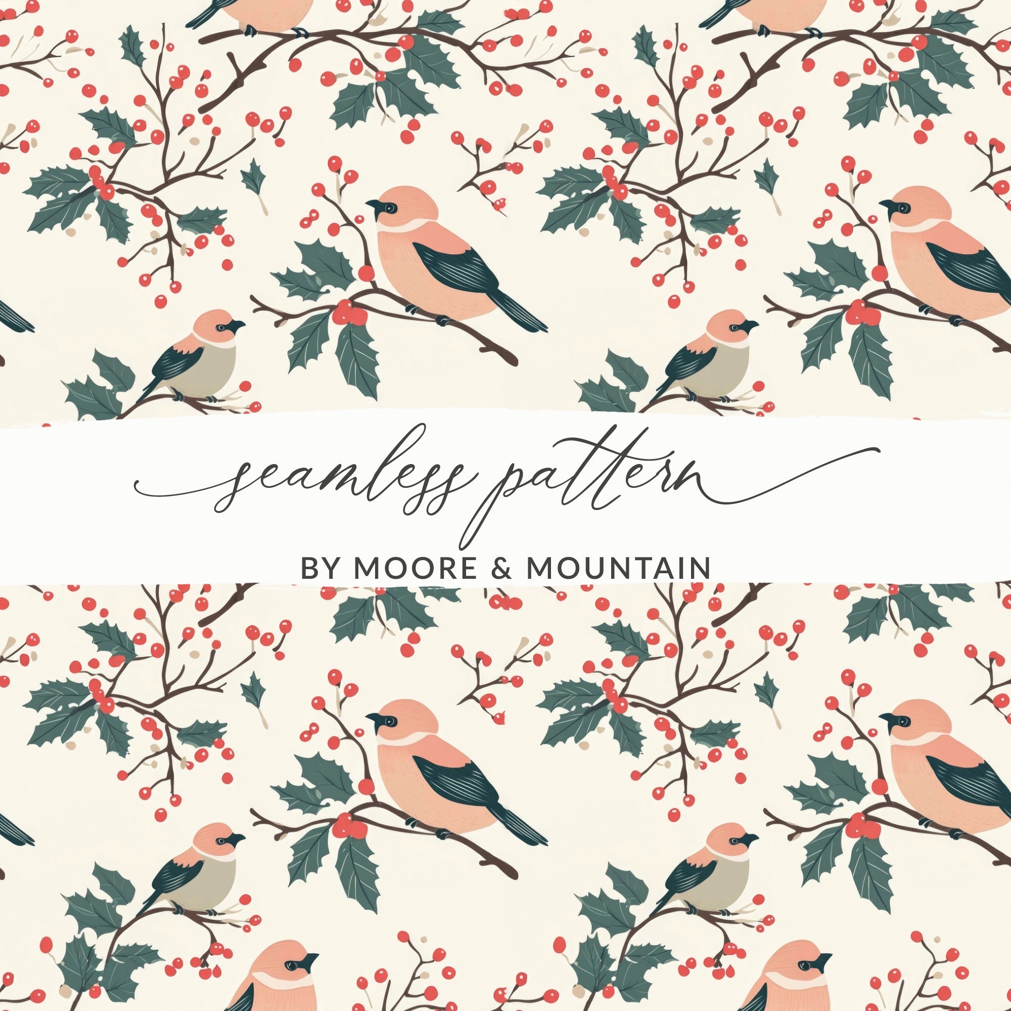 Pink Winter Birds Seamless Pattern, Blush Pink Bird and Holly Pattern Digital