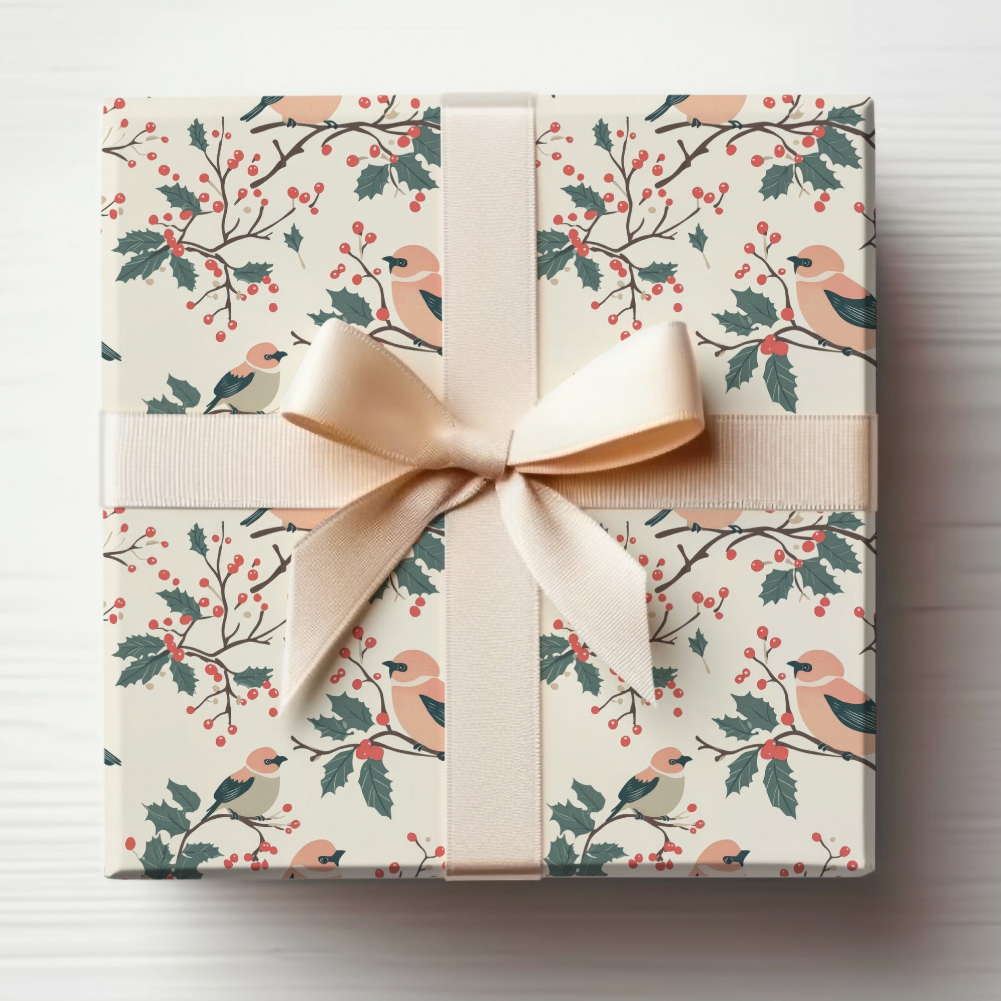 Pink Winter Birds Seamless Pattern, Blush Pink Bird and Holly Pattern Digital