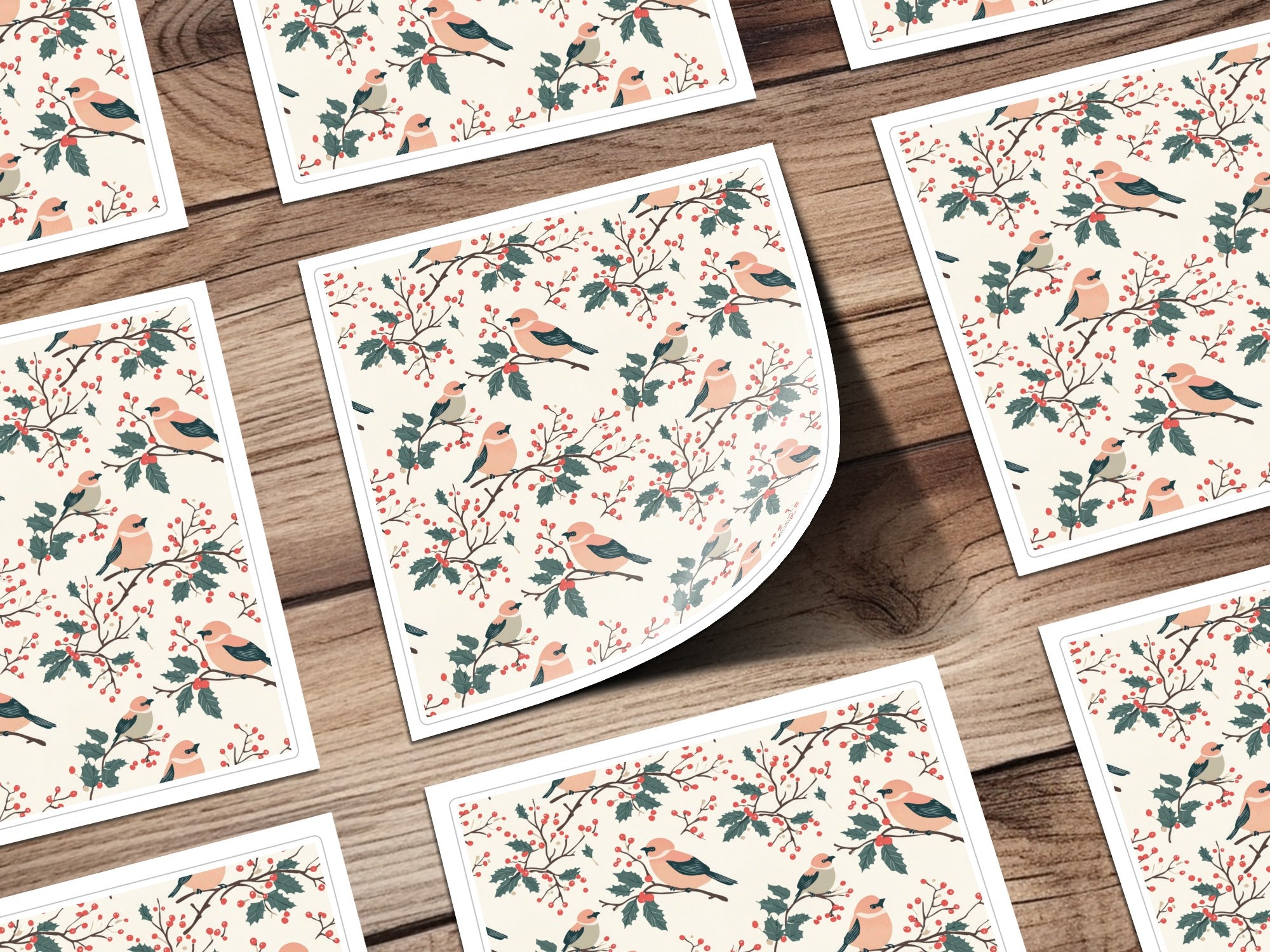 Pink Winter Birds Seamless Pattern, Blush Pink Bird and Holly Pattern Digital