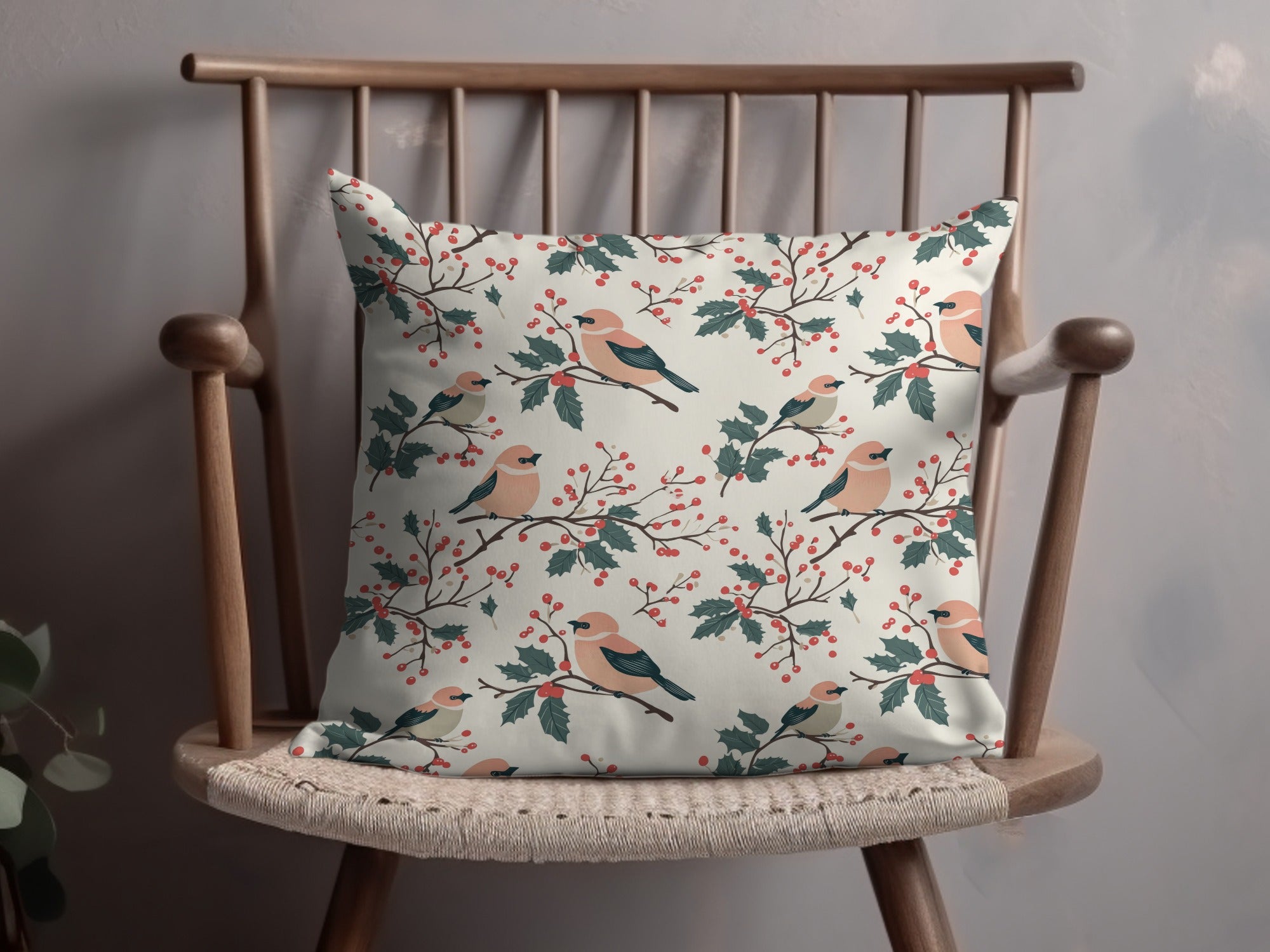 Pink Winter Birds Seamless Pattern, Blush Pink Bird and Holly Pattern Digital