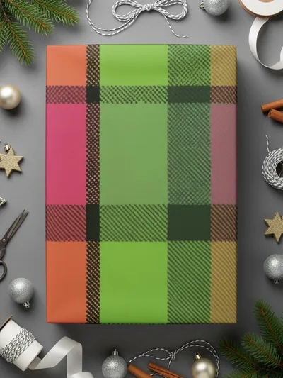 Plaid Digital Paper, Seamless Tartan Pattern, Scrapbook Paper, Fabric Design, Commercial Use, Green Pink Orange, Digital Downloads