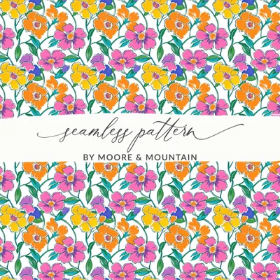Preppy 60's Floral Pattern Digital Background, Pink Yellow Orange Flowers Seamless Pattern, Retro Floral Printable Design, Vibrant Floral