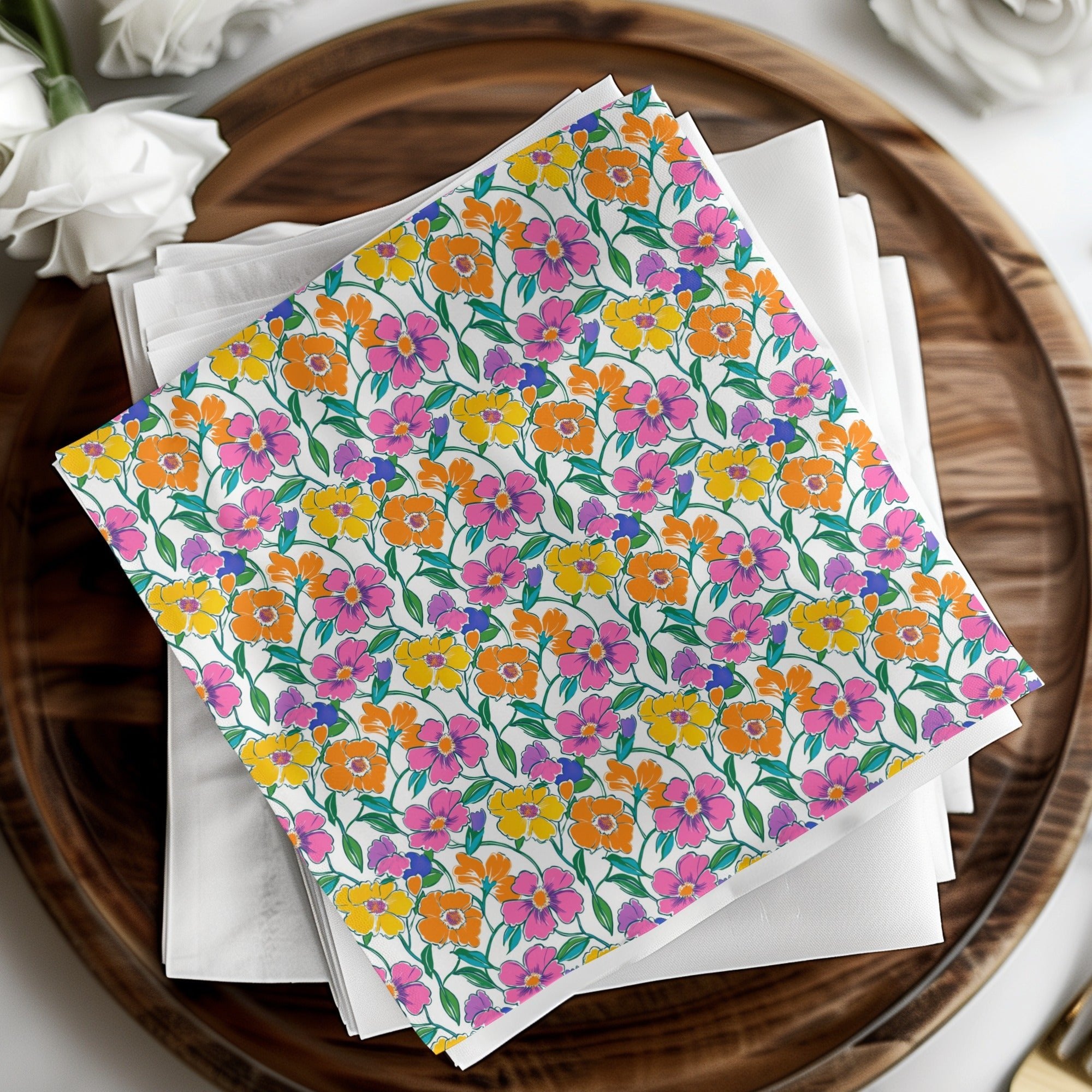 Preppy 60's Floral Pattern Digital Background, Pink Yellow Orange Flowers Seamless Pattern, Retro Floral Printable Design, Vibrant Floral