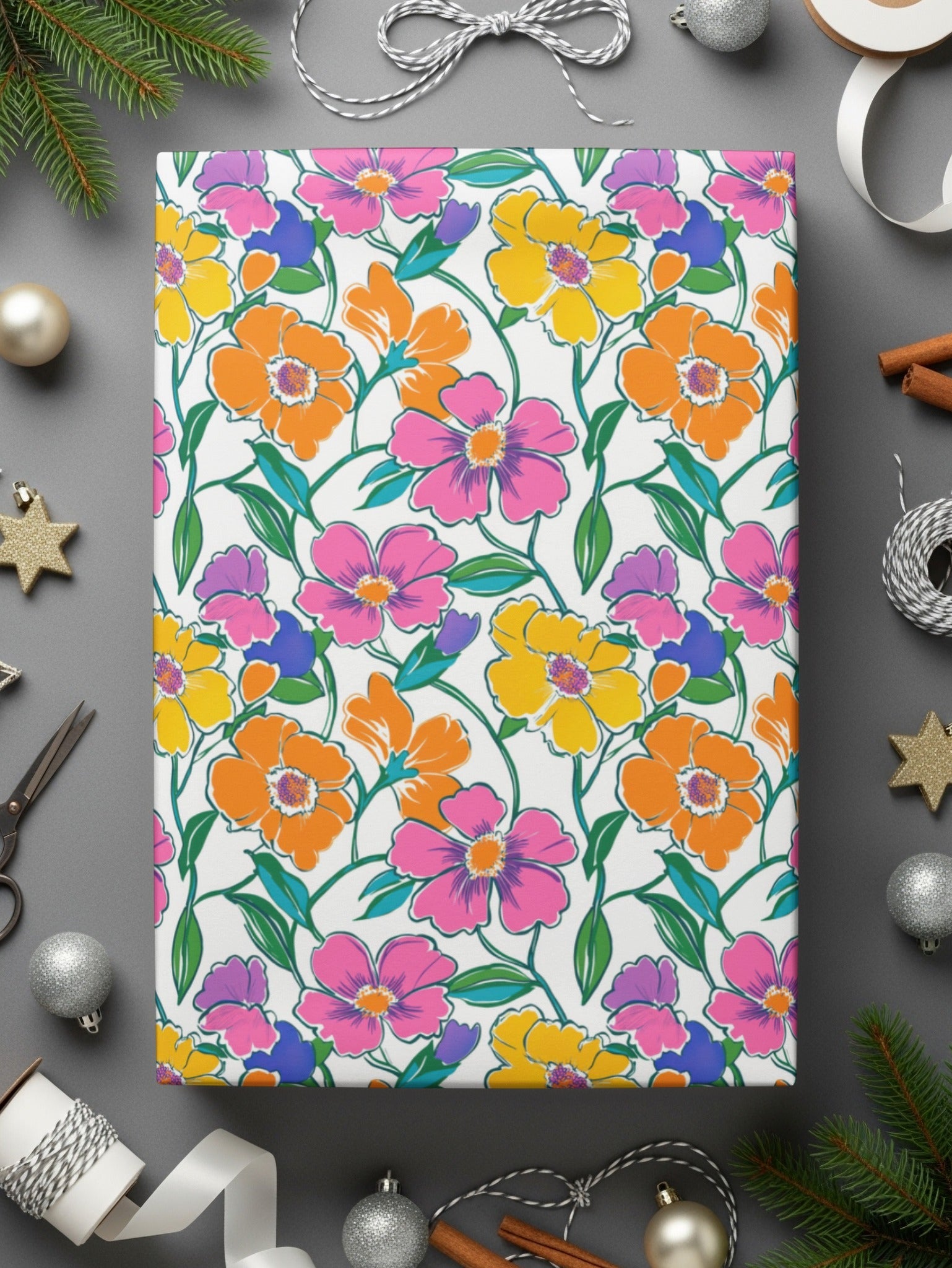 Preppy 60's Floral Pattern Digital Background, Pink Yellow Orange Flowers Seamless Pattern, Retro Floral Printable Design, Vibrant Floral