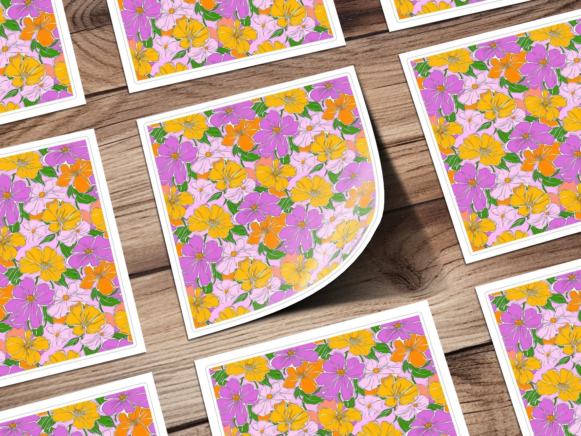 Preppy 60's floral pattern, pink orange seamless pattern, digital background, vibrant flower digital paper, retro floral print digital product