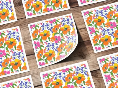 Preppy 60's Floral Pattern, Seamless Pattern, Orange Pink Blue Flower Digital Background, Floral Print, Flower Design, Digital Paper