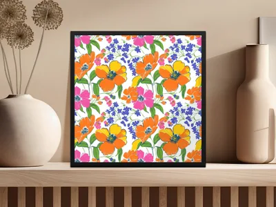 Preppy 60's Floral Pattern, Seamless Pattern, Orange Pink Blue Flower Digital Background, Floral Print, Flower Design, Digital Paper