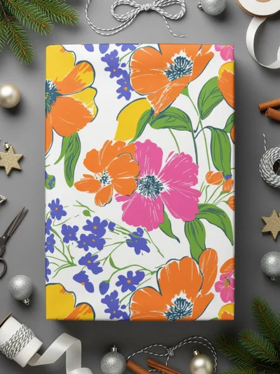 Preppy 60's Floral Pattern, Seamless Pattern, Orange Pink Blue Flower Digital Background, Floral Print, Flower Design, Digital Paper