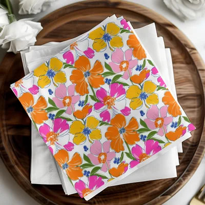 Preppy 60's floral pattern, seamless pattern, pink orange yellow flower digital background, vibrant floral designs, retro flower power pattern