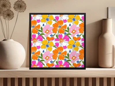 Preppy 60's floral pattern, seamless pattern, pink orange yellow flower digital background, vibrant floral designs, retro flower power pattern
