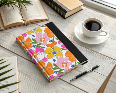 Preppy 60's floral pattern, seamless pattern, pink orange yellow flower digital background, vibrant floral designs, retro flower power pattern