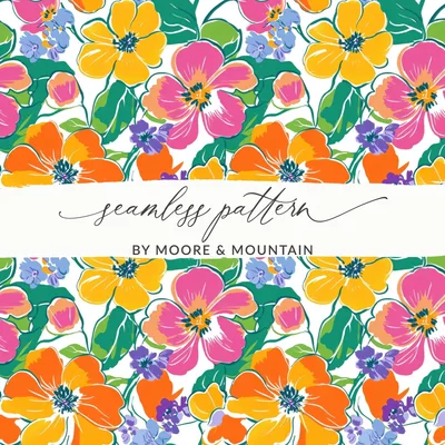 Preppy 60's floral pattern seamless pattern, yellow, orange, pink floral digital background, bright floral print, repeating flower design