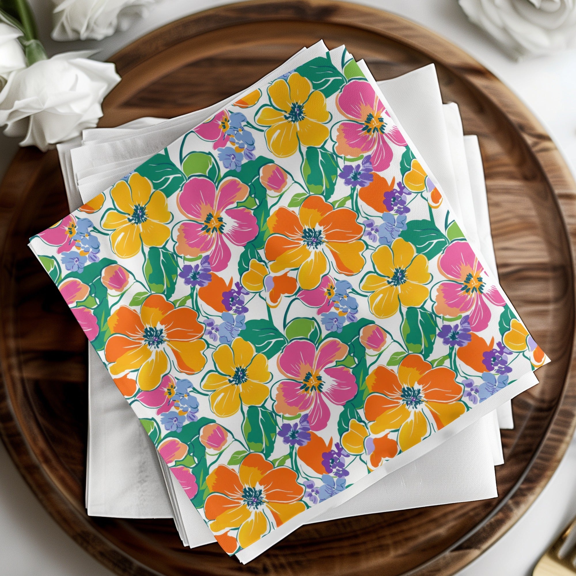 Preppy 60's floral pattern seamless pattern, yellow, orange, pink floral digital background, bright floral print, repeating flower design