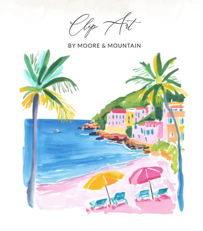 Preppy Beach Scene Clip Art PNG, Summer Coastal Illustration Digital Download SVG, Vacation Travel Art Print, Beach Town Decor