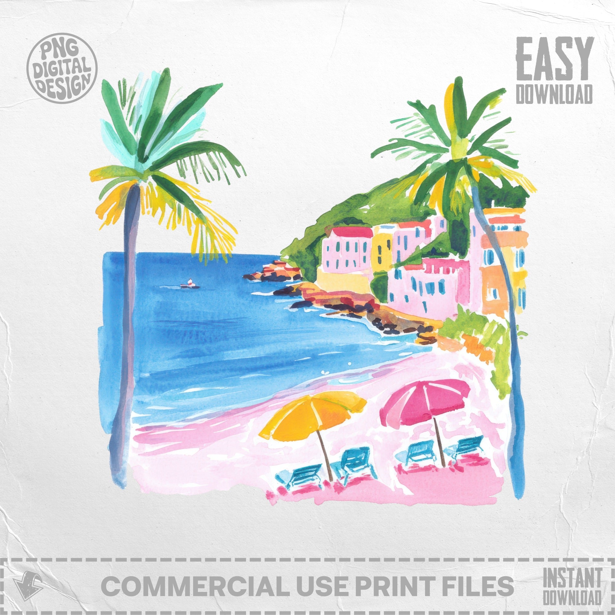 Preppy Beach Scene Clip Art PNG, Summer Coastal Illustration Digital Download SVG, Vacation Travel Art Print, Beach Town Decor