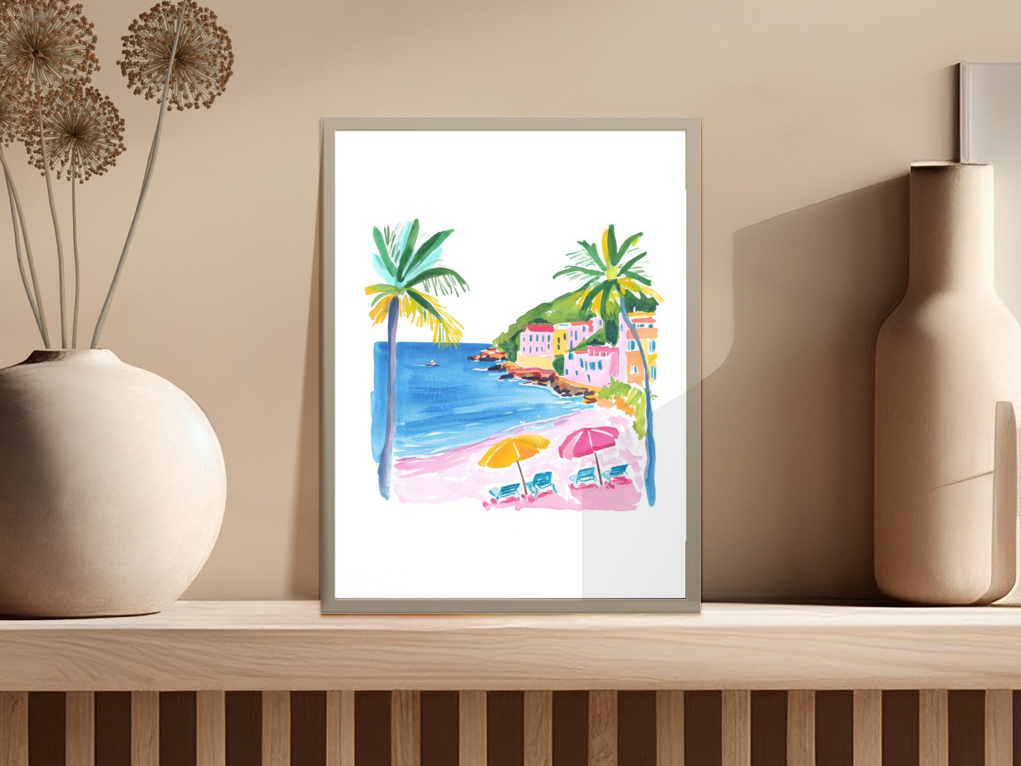 Preppy Beach Scene Clip Art PNG, Summer Coastal Illustration Digital Download SVG, Vacation Travel Art Print, Beach Town Decor