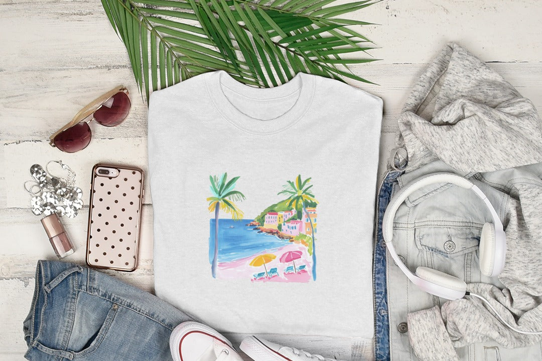 Preppy Beach Scene Clip Art PNG, Summer Coastal Illustration Digital Download SVG, Vacation Travel Art Print, Beach Town Decor