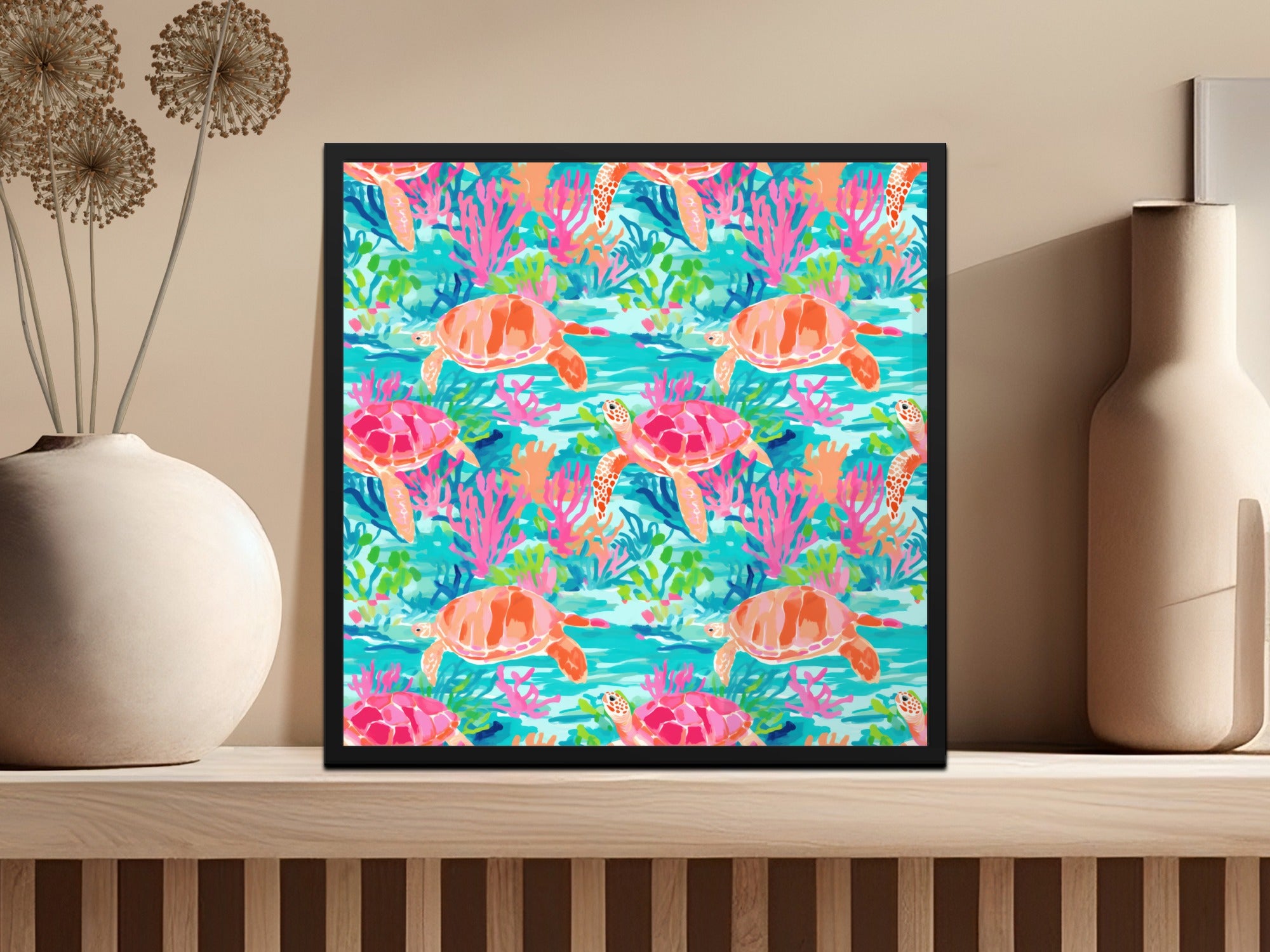 Preppy Beachy Seamless Turquoise and Orange Turtle Digital