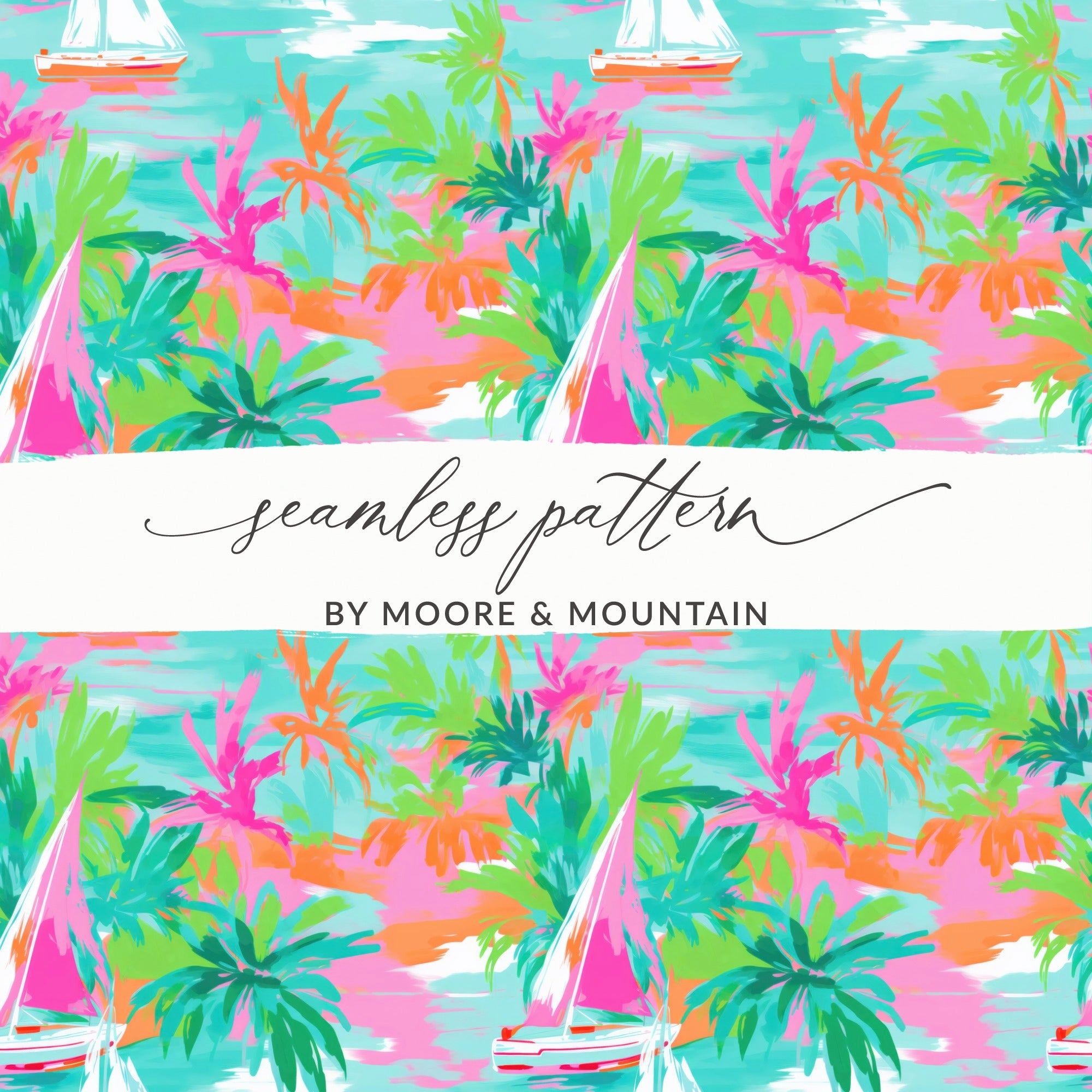 Preppy Beachy Seamless with Neon Summery Beach Background Digital