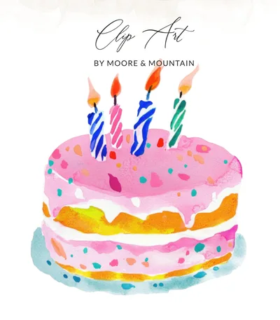 Preppy Birthday Cake Clip Art SVG Digital Download | Whimsical Watercolor Pink Cake with Candles & Sprinkles for Party Decorations