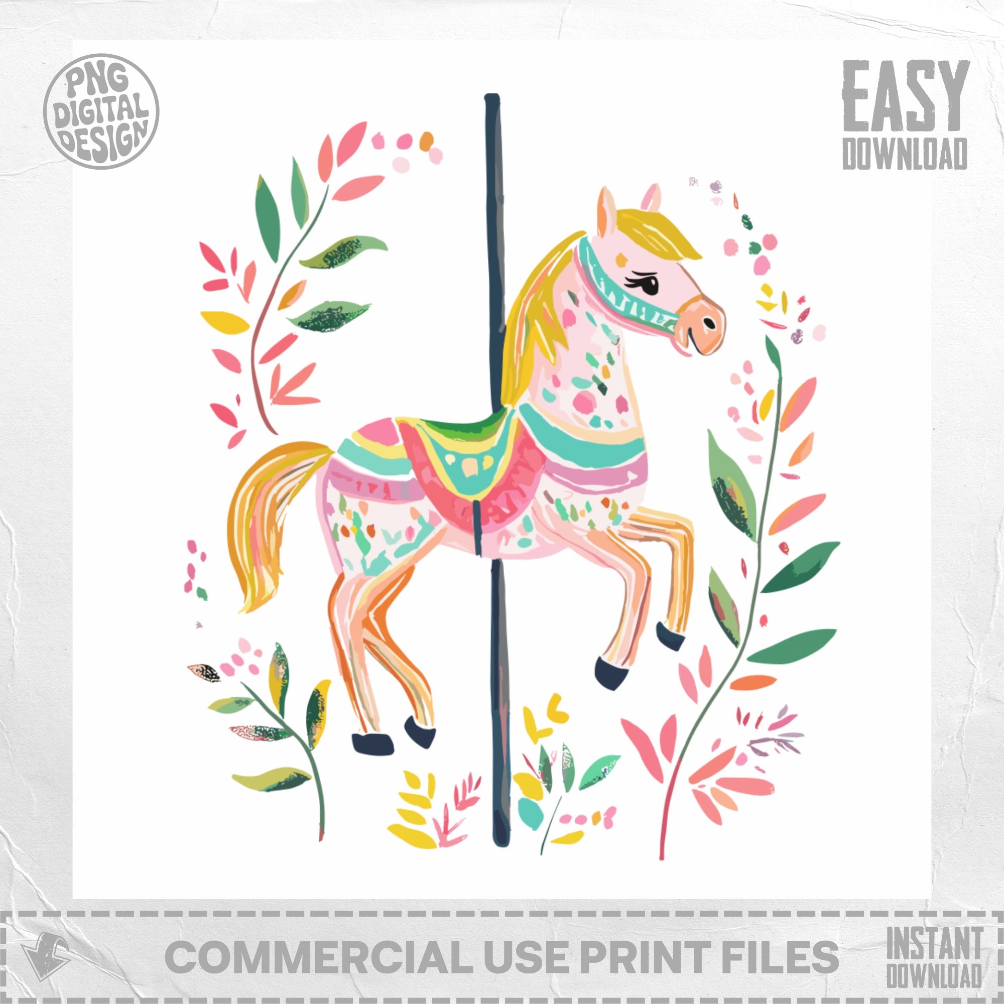 Preppy Carousel Horse SVG Digital Clip Art - Whimsical Nursery Decor PNG - Fairytale Bohemian Birthday Party Art Download