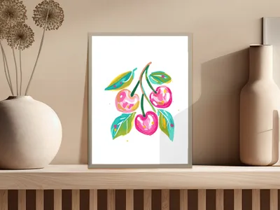 Preppy Cherry Clip Art SVG, Pink Cherries Digital Download, Aesthetic Fruit Planner Sticker, Hand Painted Summer Graphic File
