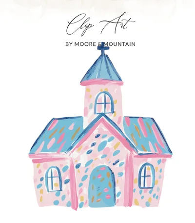 Preppy Church SVG, Digital Whimsical Chapel Clipart, Cute Pink Blue Christian Art Graphic for Easter, Baptism, Nursery Decor