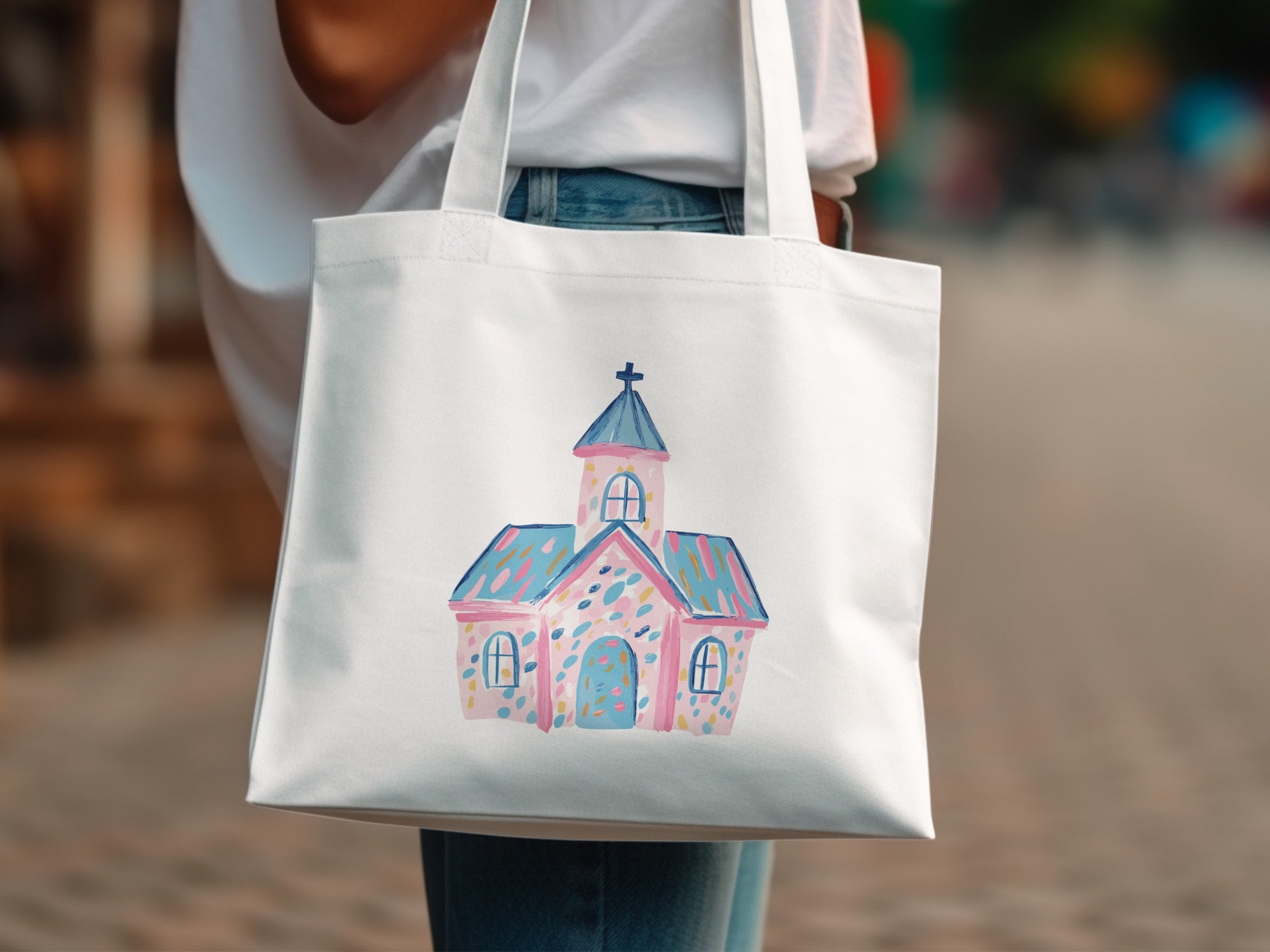 Preppy Church SVG, Digital Whimsical Chapel Clipart, Cute Pink Blue Christian Art Graphic for Easter, Baptism, Nursery Decor