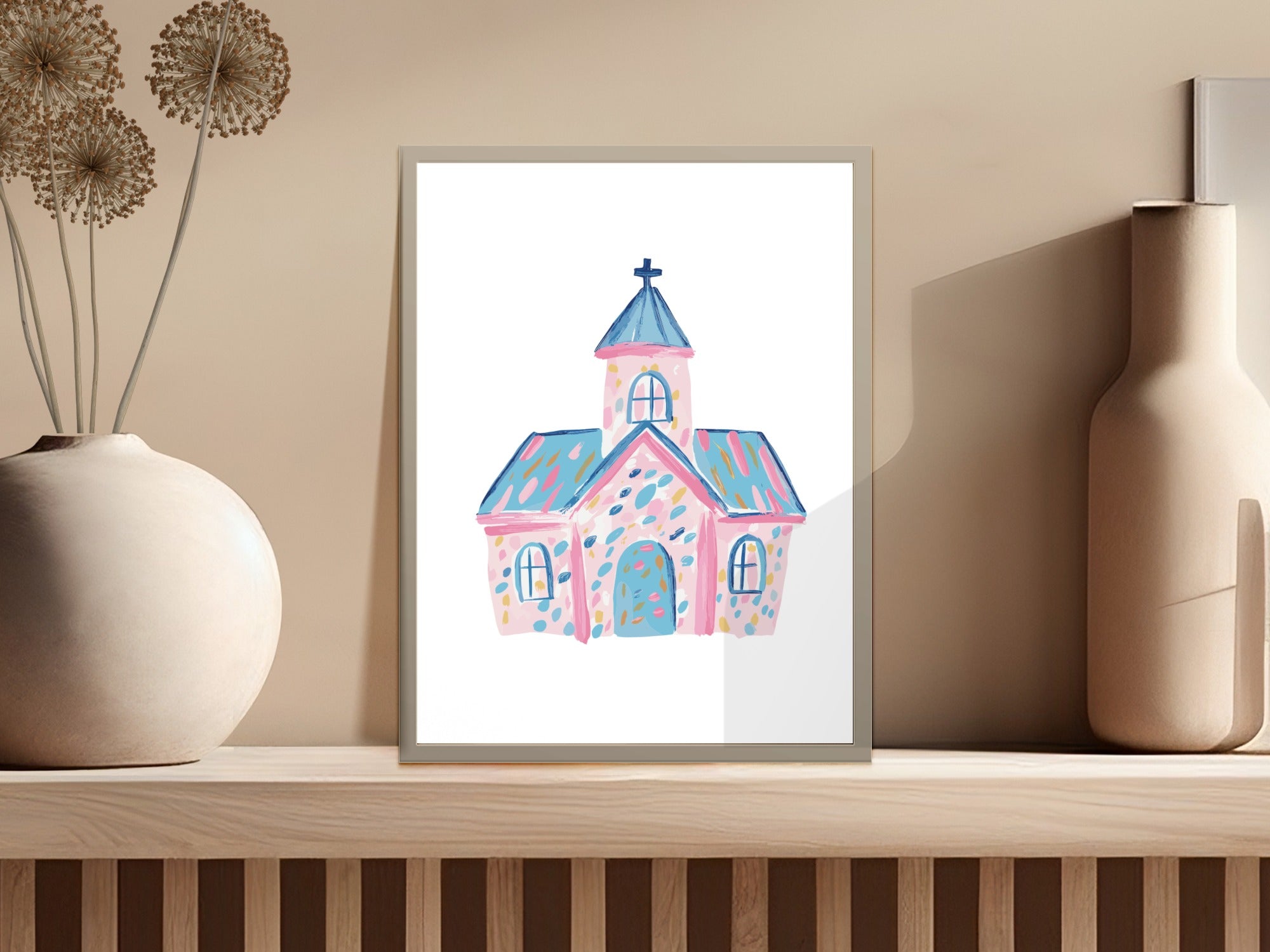 Preppy Church SVG, Digital Whimsical Chapel Clipart, Cute Pink Blue Christian Art Graphic for Easter, Baptism, Nursery Decor